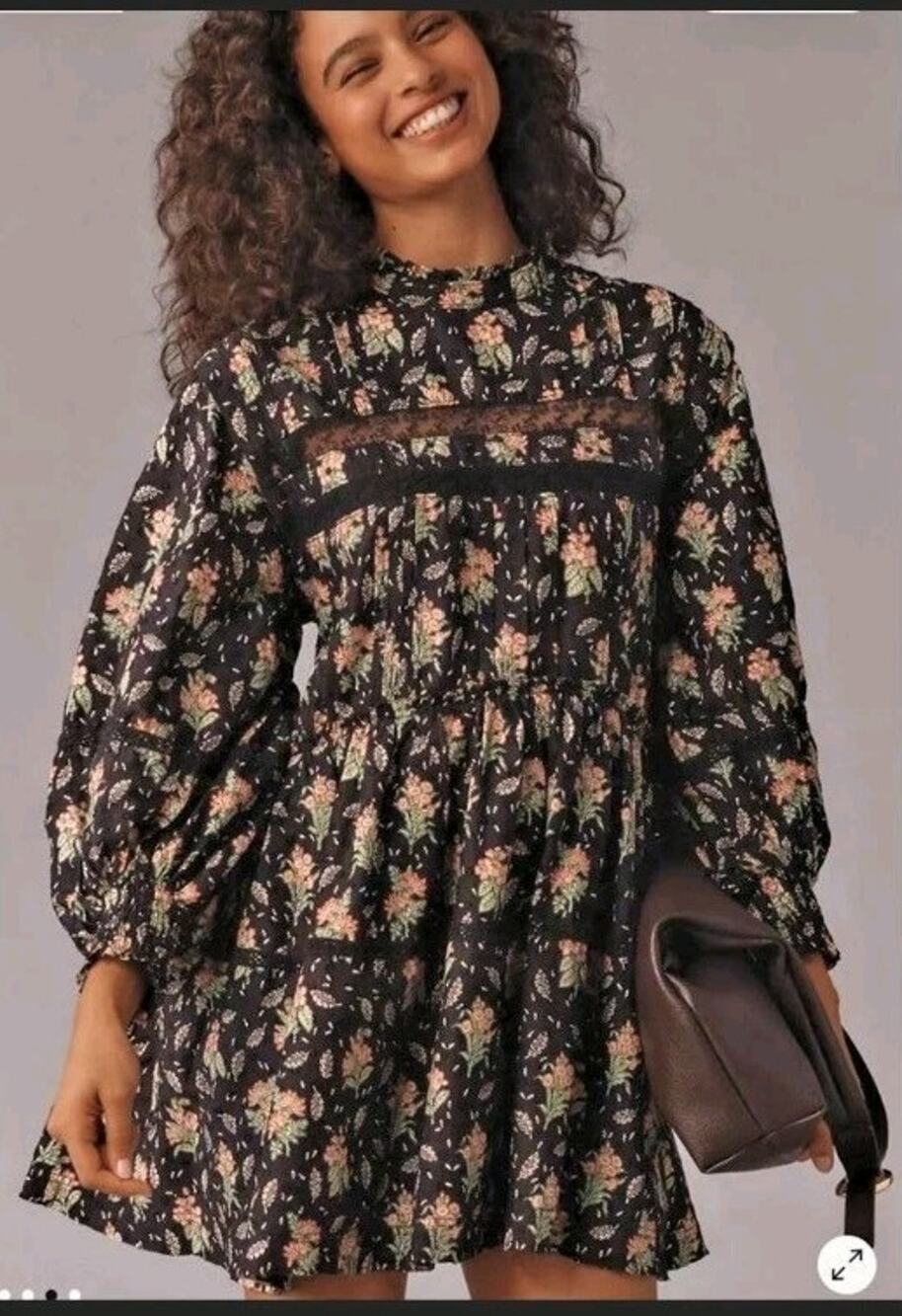 Pilcro Anthropologie XS Black Floral Lace Babydoll Mini Dress Tiered Cottagecore